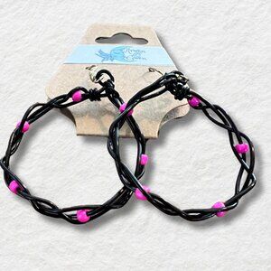 Arwen and Gwen Black Wire Braided Hoop Earrings with Pink Beaded Inlay